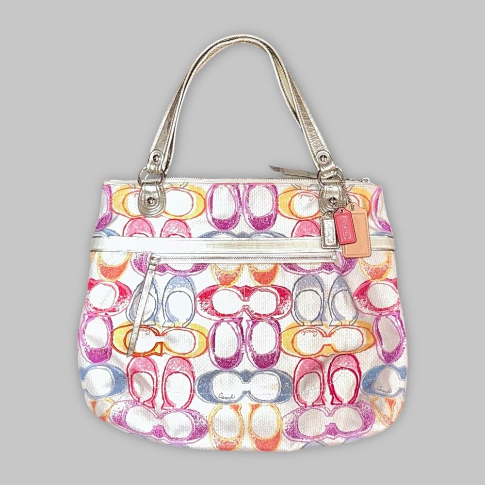 Coach Multicolor Signature Graffiti Tote Handbag with Metallic Handles